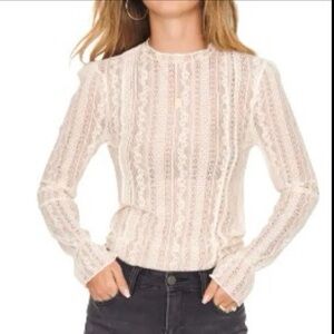 Amuse society ruffle lace long sleeve women top small nude light pink mock neck